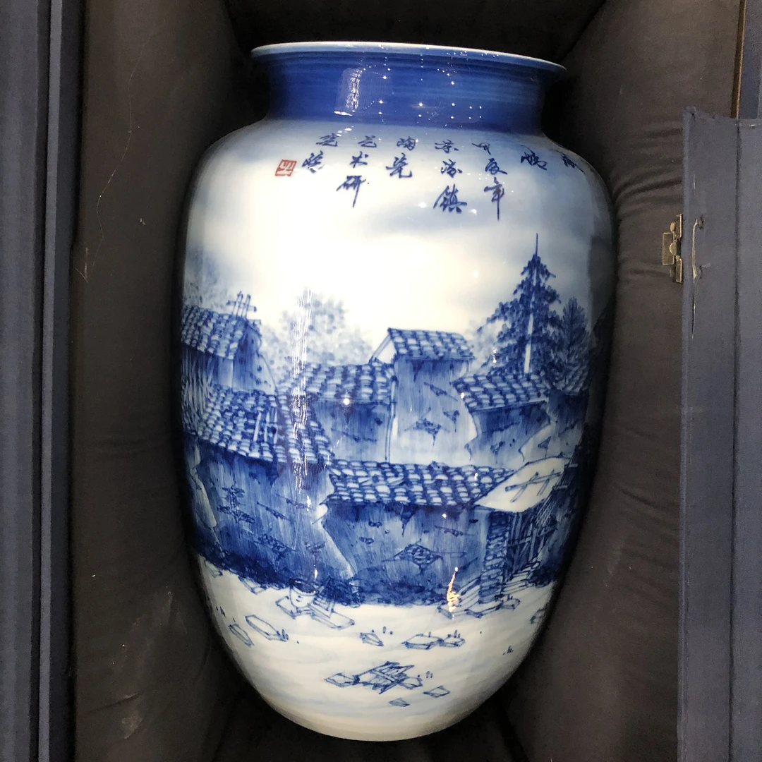 【轻工所】古寨风情（房屋）青花冬瓜瓶研究院 景德镇 瓷器  yztc0534