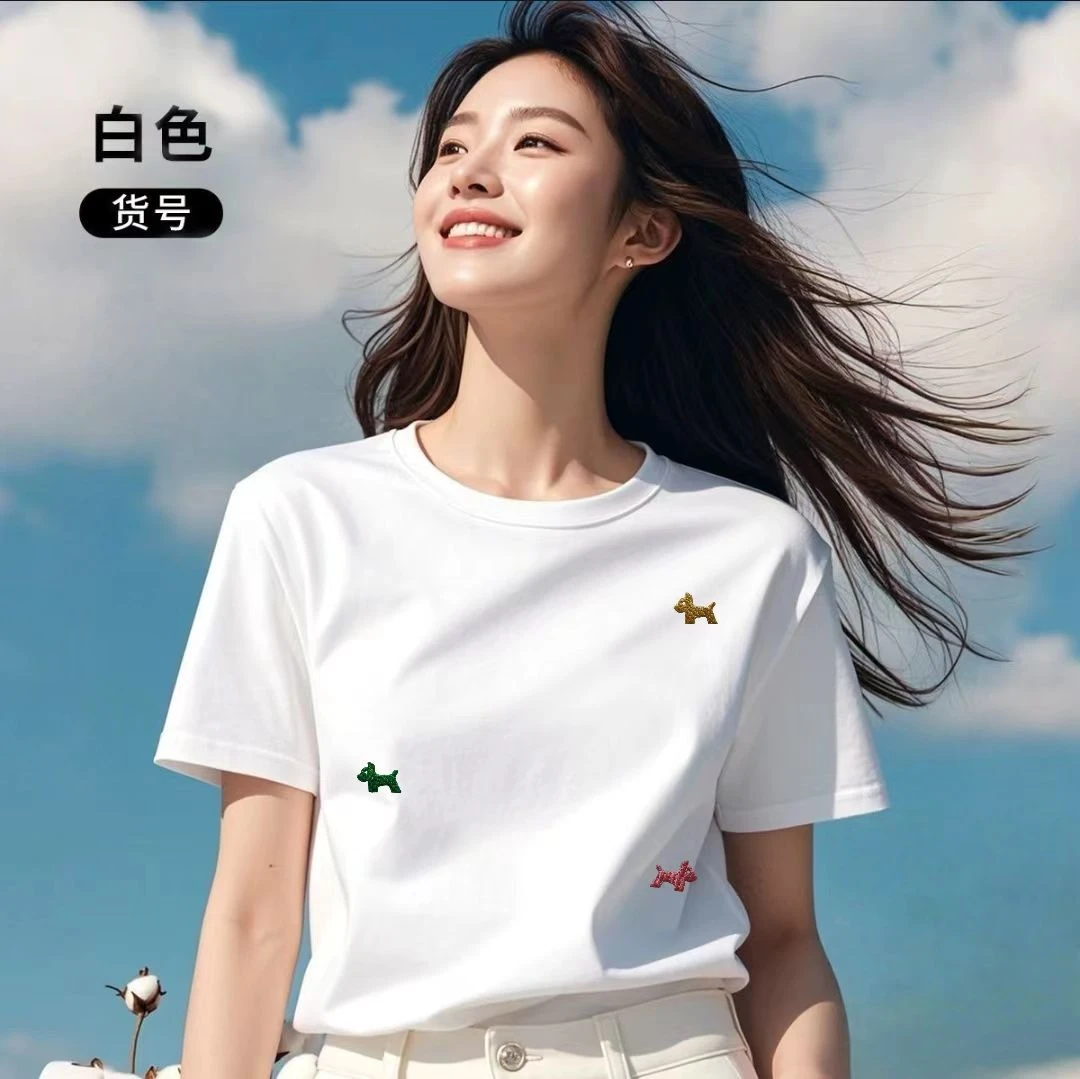 保罗征仗599万针刺绣圆领短袖男女同款夏季精梳棉清爽T-三个小狗