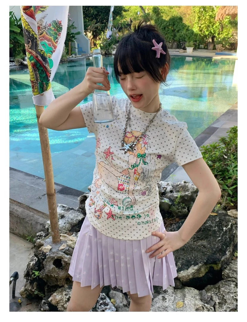 设计感波点印花短袖T恤女夏季新款修身绿色蝴蝶结天使女孩上衣服