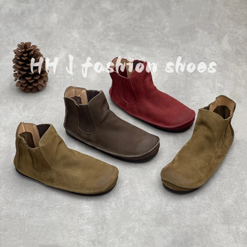 文艺真皮女鞋牛皮圆头拼接弹力带平跟25年复古女鞋休闲女短靴单靴