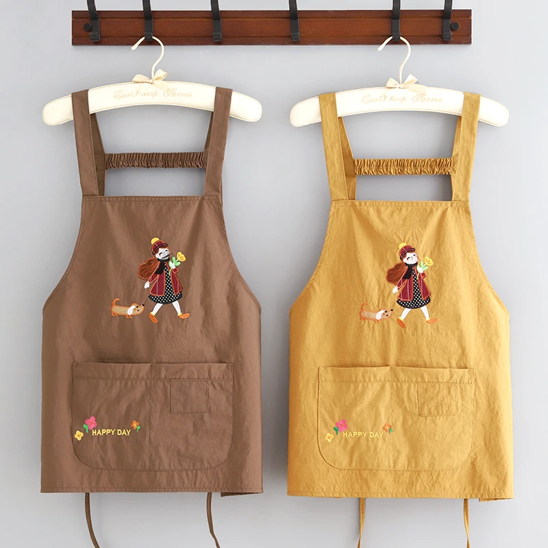 防泼水简约卡通刺绣围裙花艺烘焙工作服厨房做饭家用餐饮上班专用