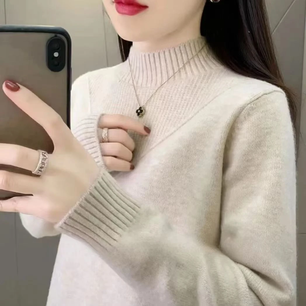 半高领毛衣女时尚纯色针织打底衫学生高级感宽松秋冬洋气套头上衣