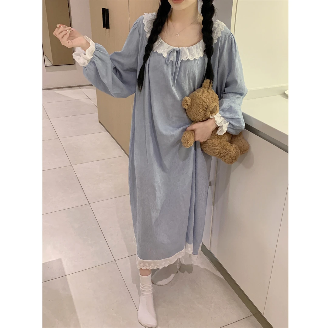 甜美公主风蕾丝花边圆领长袖长款宽松睡裙睡衣女春秋季新款家居服