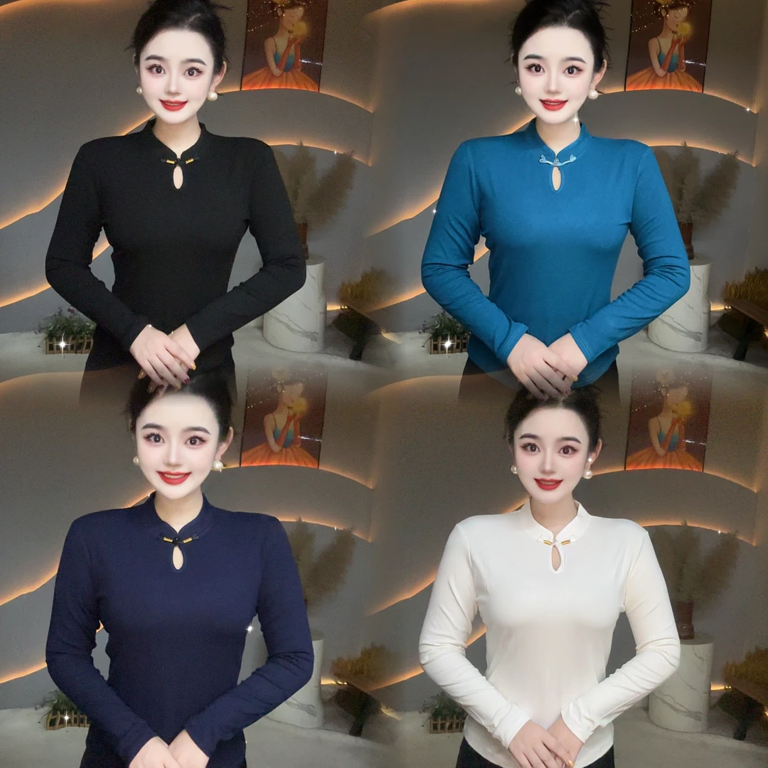 【素色青衣】新中式国风旗袍领爆款洋气重工打底衫女