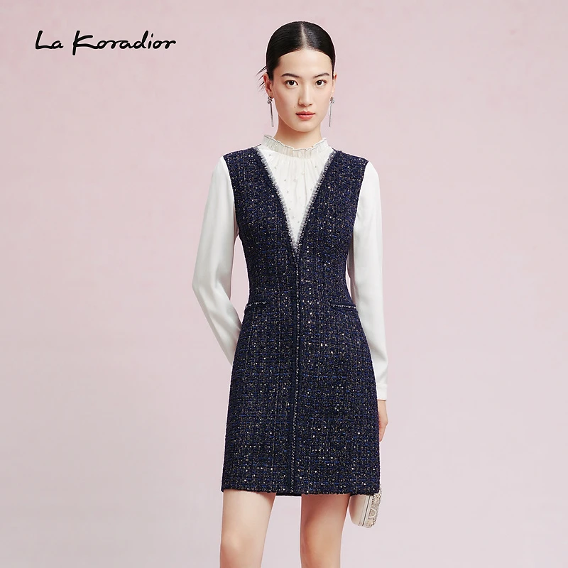 La Koradior拉珂蒂通勤质感女装马甲连衣裙秋季时尚OL气质撞色裙