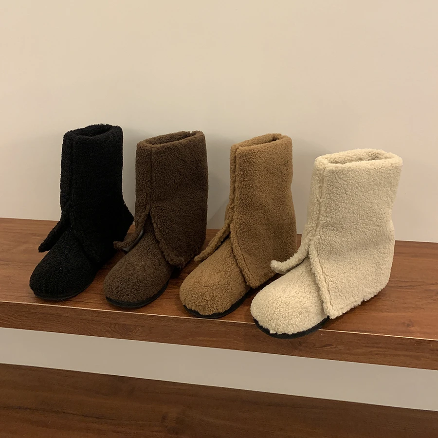 网红圆头开叉羊羔毛毛内增高雪地靴2024冬季新款时尚短靴保暖棉鞋
