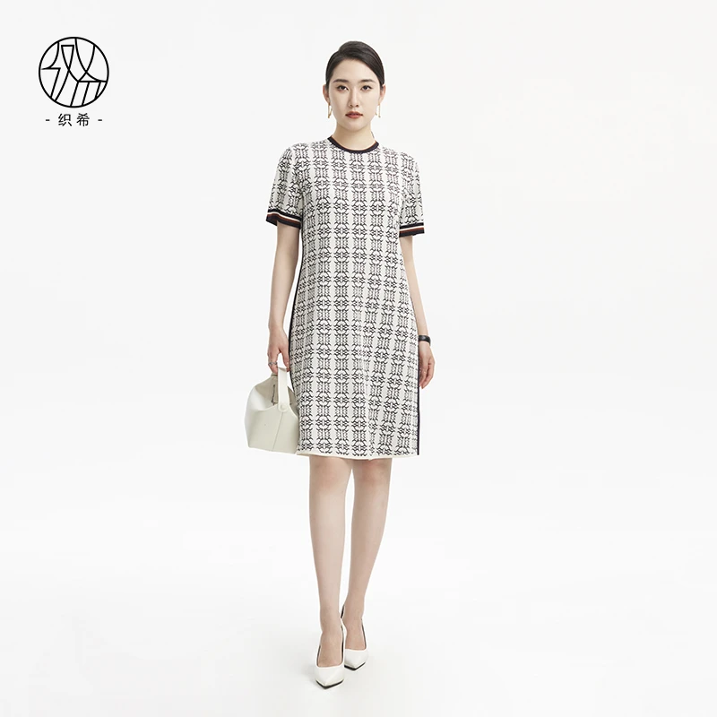 织希 TESSITI|春季新款时尚通勤织希老花提花针织短袖连衣裙