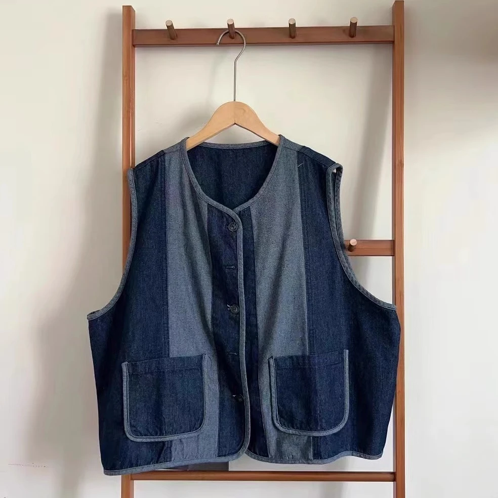 休闲圆领无袖牛仔坎肩拼色山系叠穿百搭上衣外套马夹女设计感马甲