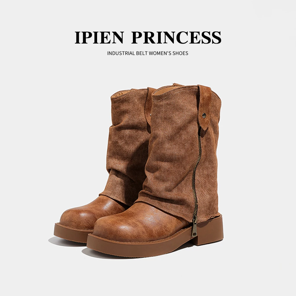 复古西部靴女2025春秋新款厚底西部牛仔靴英伦风显高机车骑士短靴