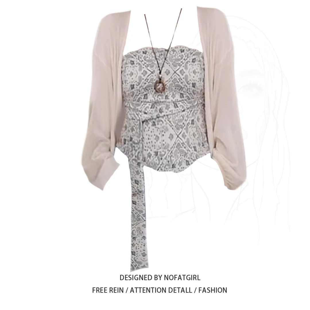 大码胖妹妹甜辣妹不规则绑带腰果花抹胸背心女夏季防晒开衫两件套