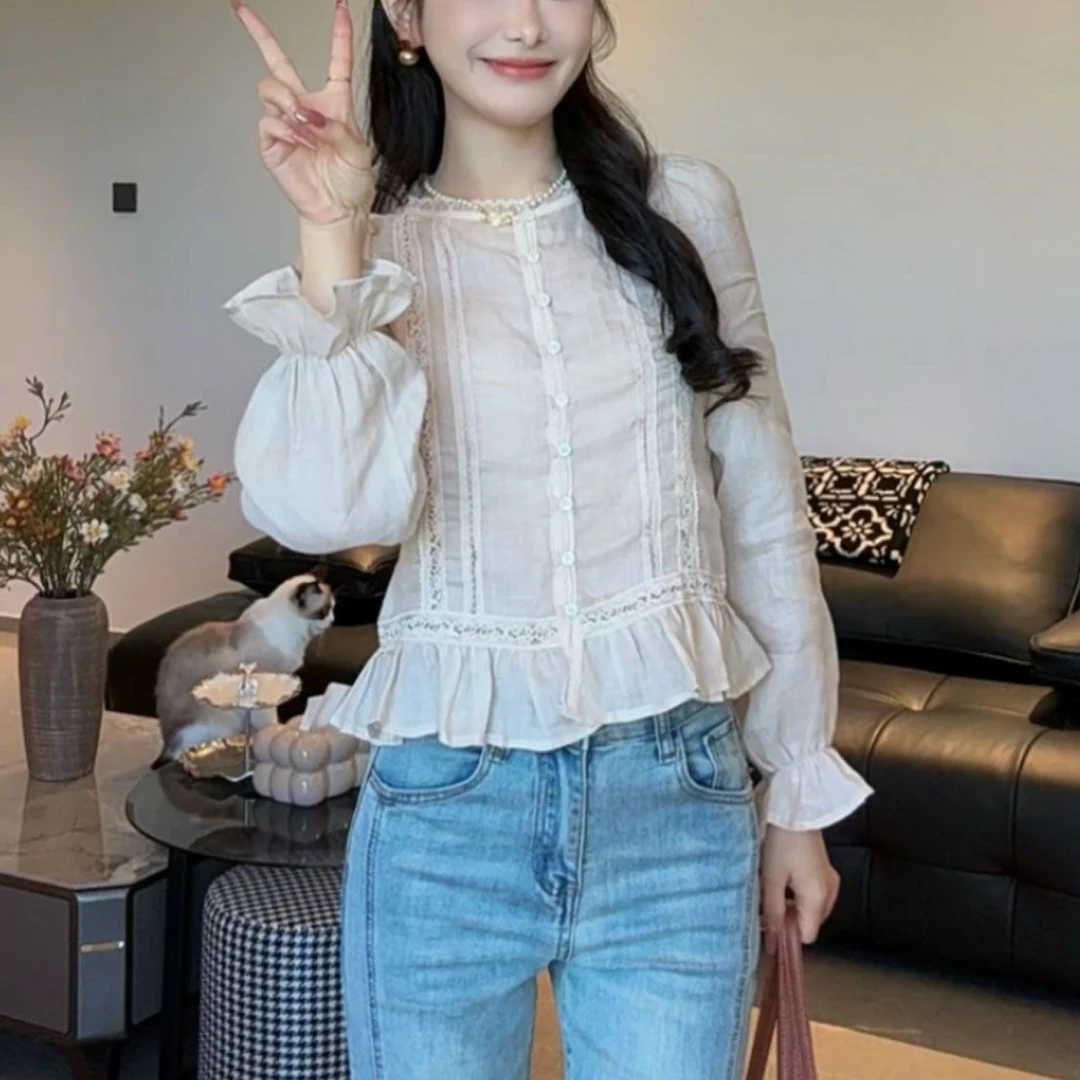 2025早秋新款小香风蕾丝拼接时尚设计感单排扣减龄百搭上衣衬衫潮