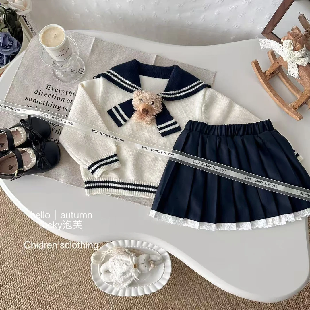 【lucky泡芙】学院风！ 女童小熊学院风披肩秋冬针织毛衣百褶裙套装
