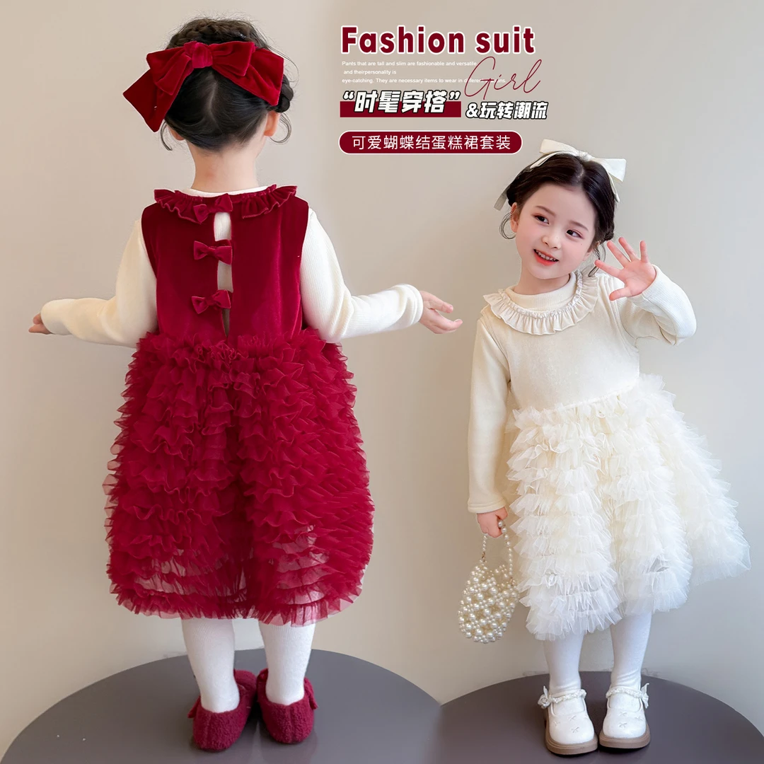 女童连衣裙加绒儿童秋冬季拜年服过年喜庆新年红色女宝宝裙子冬装