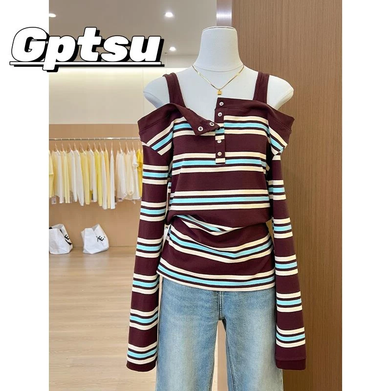 GPTSu美式撞色条纹一字肩吊带长袖针织衫秋季别致漂亮露肩短上衣
