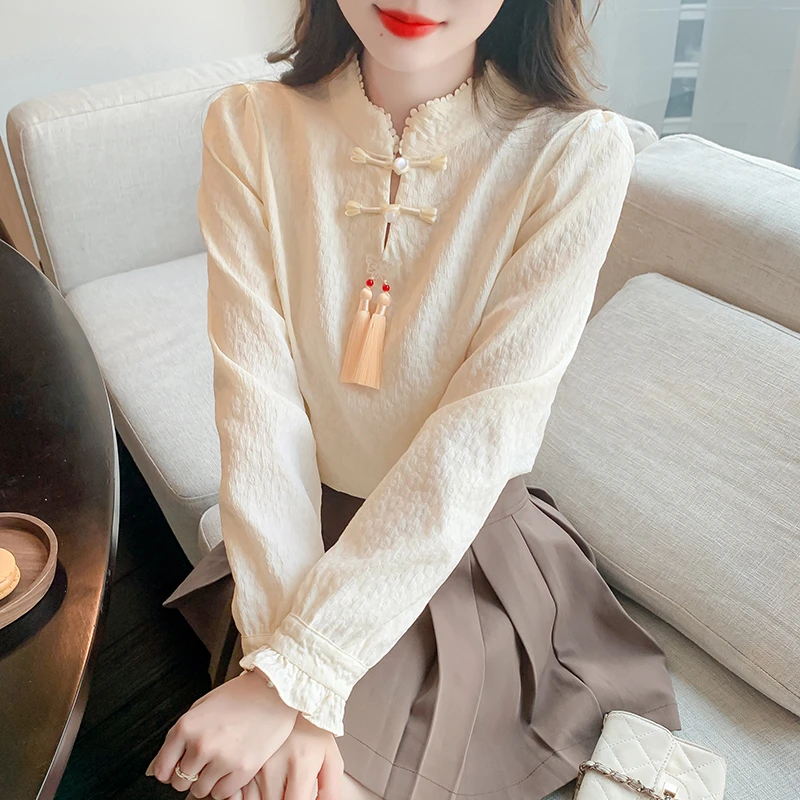 新中式盘扣长袖雪纺衬衫女2025年春季新款复古气质小衫上衣春秋