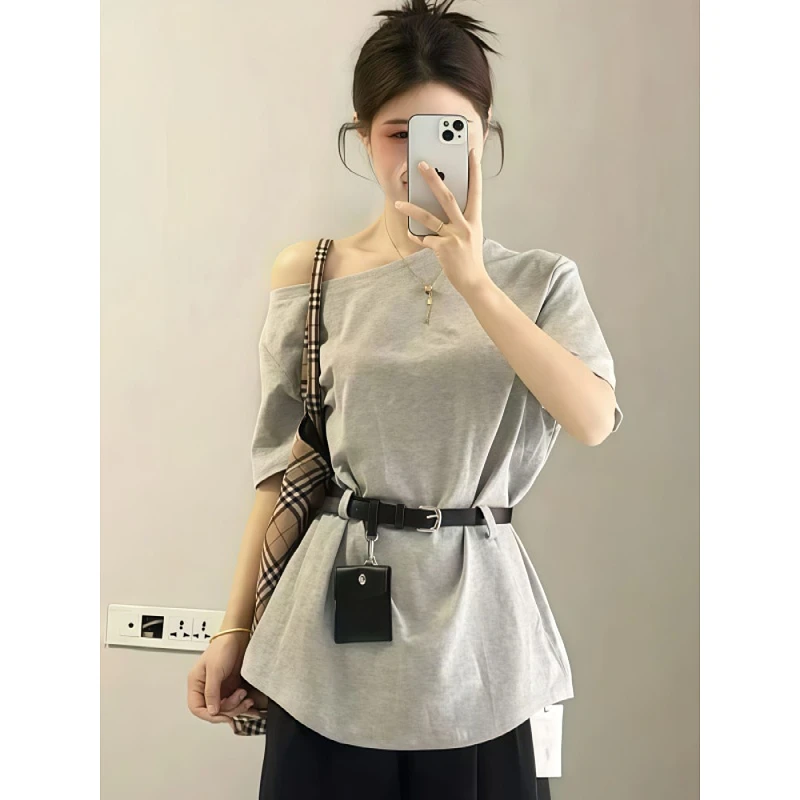 大码胖mm美式辣妹风性感露肩斜领上衣配腰带夏季收腰显瘦短袖T恤