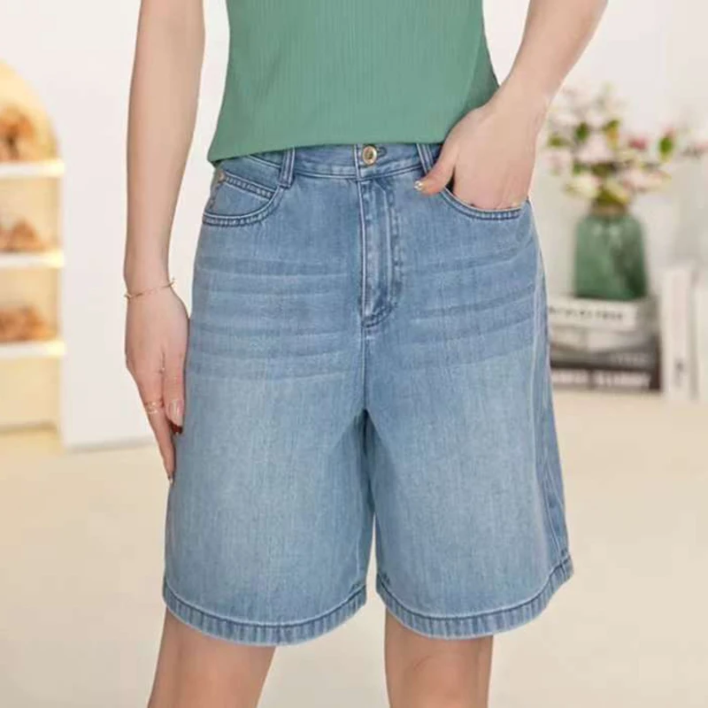 【商场同款】2025夏季新款气质高腰百搭宽松水洗直筒休闲牛仔短裤女