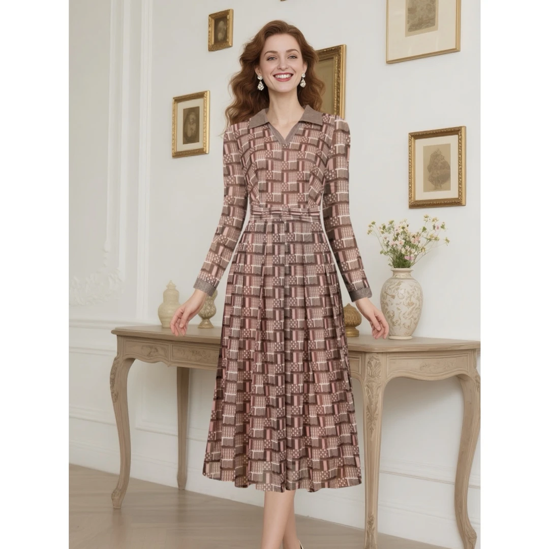 翻领格纹印花台湾纱长裙连衣裙秋冬气质优雅收腰显瘦—68409