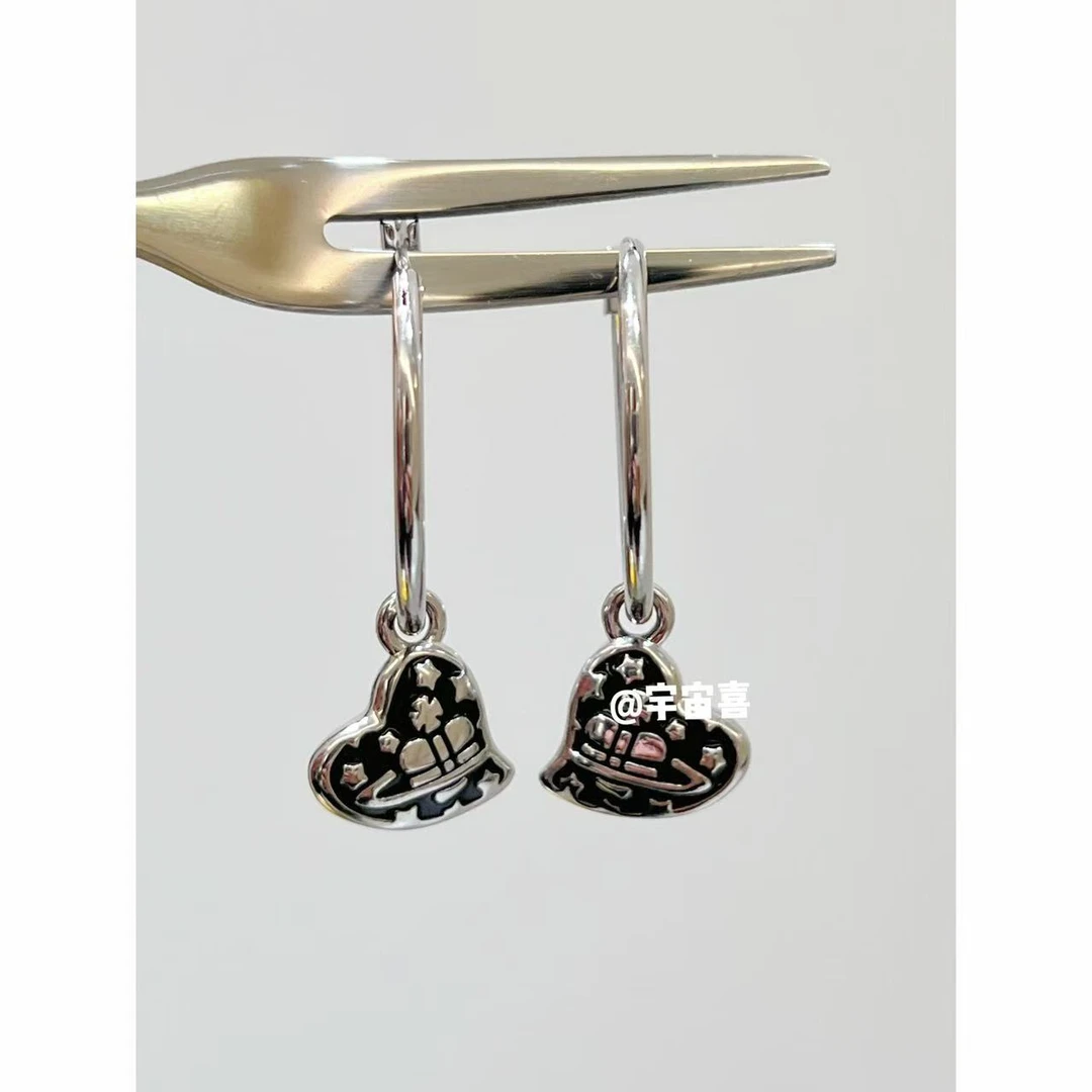 铜合金珐琅耳饰  B5-112【银色底金属耳扣小尾巴珐琅爱心星球】黑色