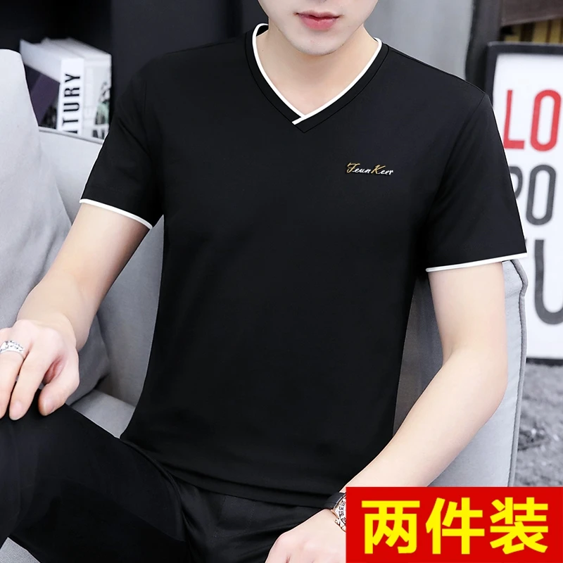 高档纯棉短袖t恤男装v领冰丝夏季半袖上衣服男士薄款时尚潮流体恤