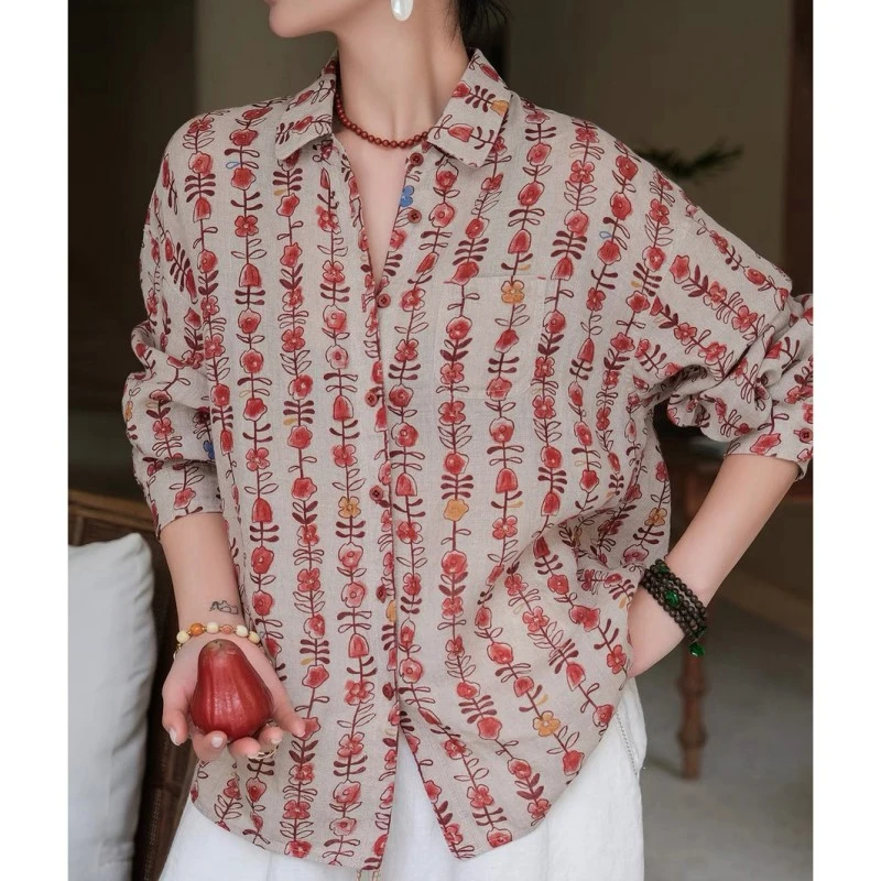 (印花文艺汉麻衬衫)261013夏季复古优雅宽松休闲百搭翻领衬衣G