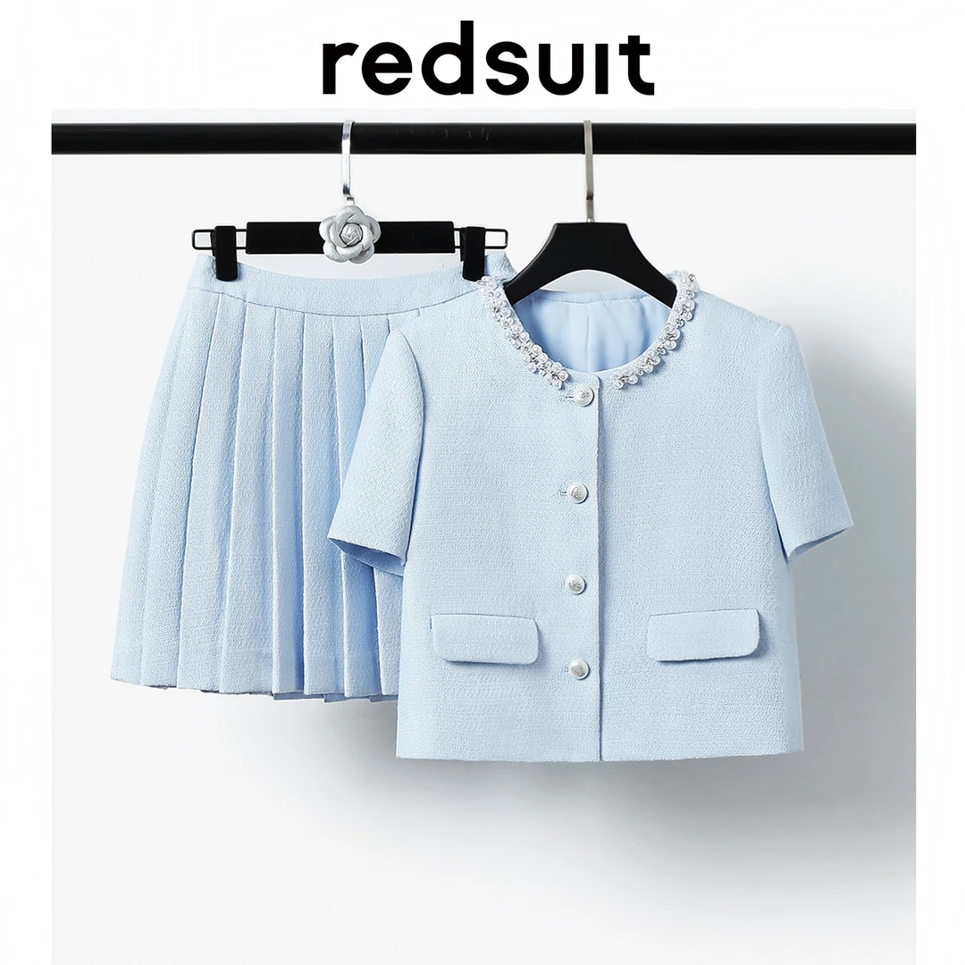 redsuit 法式重工超有气质镶钻气质蝶翅蓝短袖上衣+显瘦百褶半裙