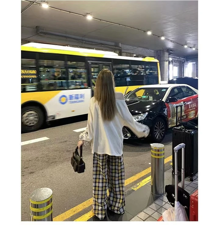 超有感觉~新款防晒格纹直筒休闲裤女慵懒风阔腿拖地裤子