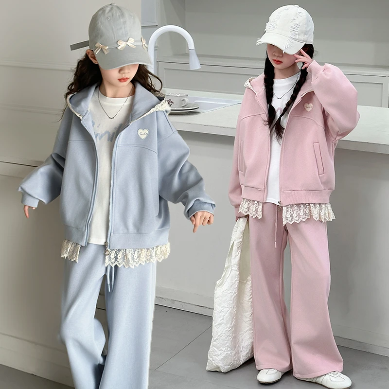女童卫衣套装春秋款2025新款女孩大童蕾丝韩系穿搭外套两件套春装