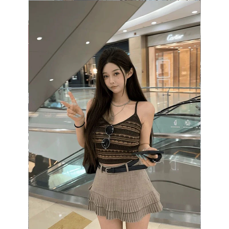 复古风咖色条纹毛织V领吊带背心时尚内搭外穿显瘦上衣半身裙套装