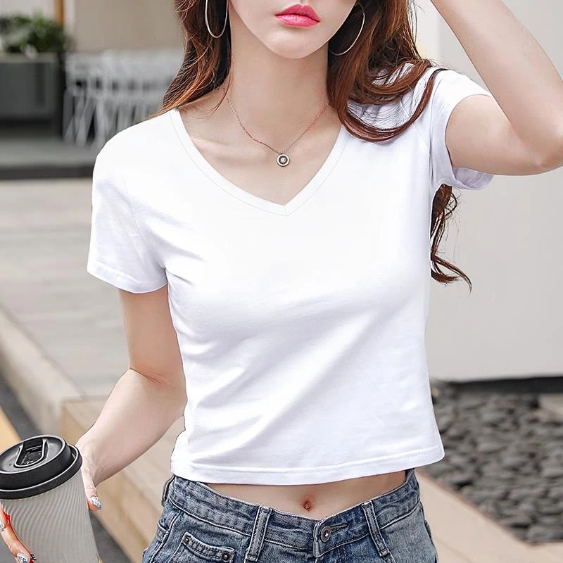 哥弟阿玛施正品短款T恤女短袖白色设计感高腰V领上衣露脐2025年夏