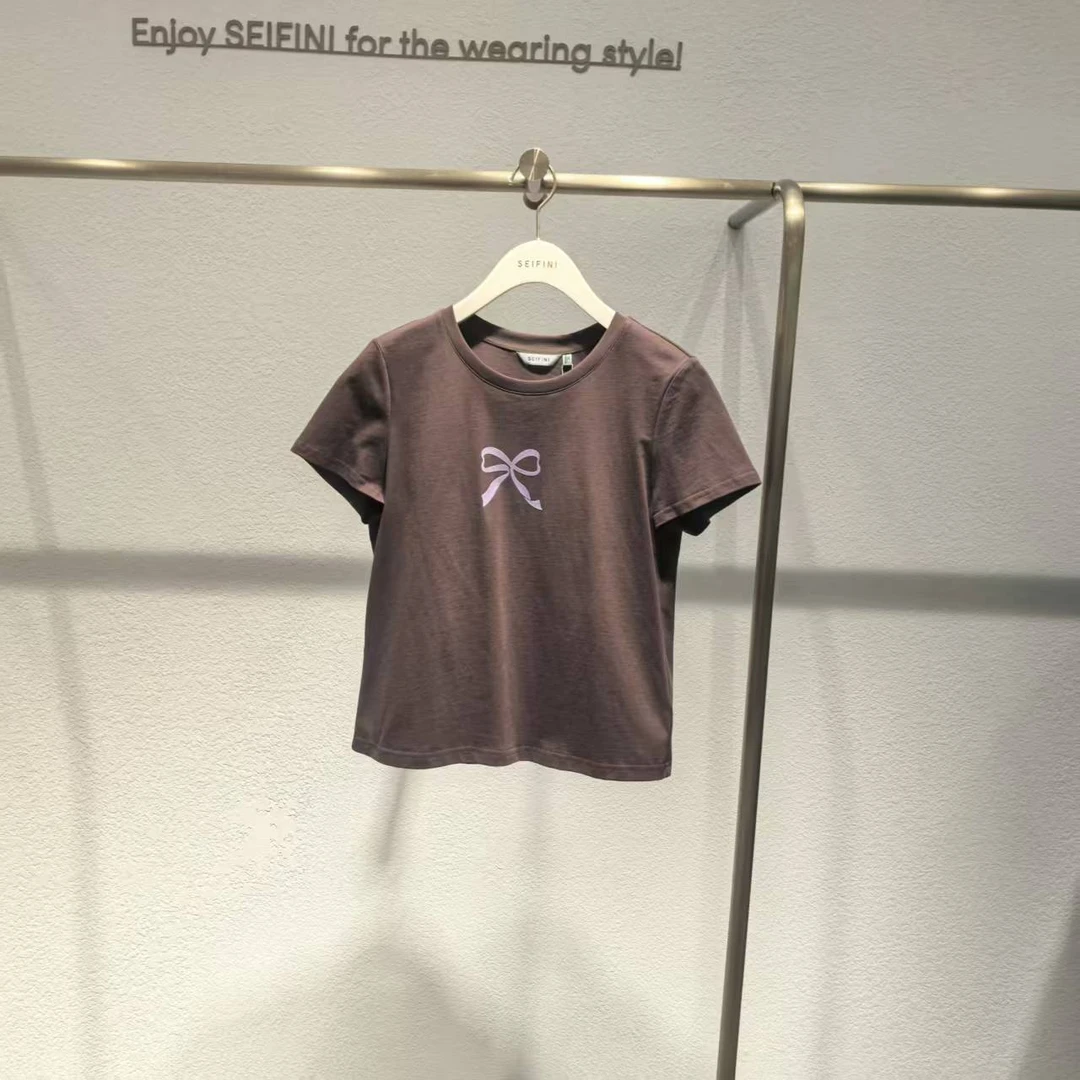 诗凡黎德玛2025年夏季新百搭蝴蝶结印花短袖T恤女3G4300382