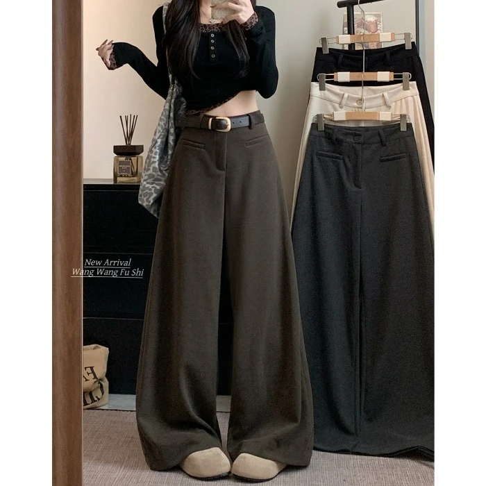 复古毛呢西装休闲裤女秋季慵懒百搭拖地裤子直筒高腰显瘦阔腿长裤
