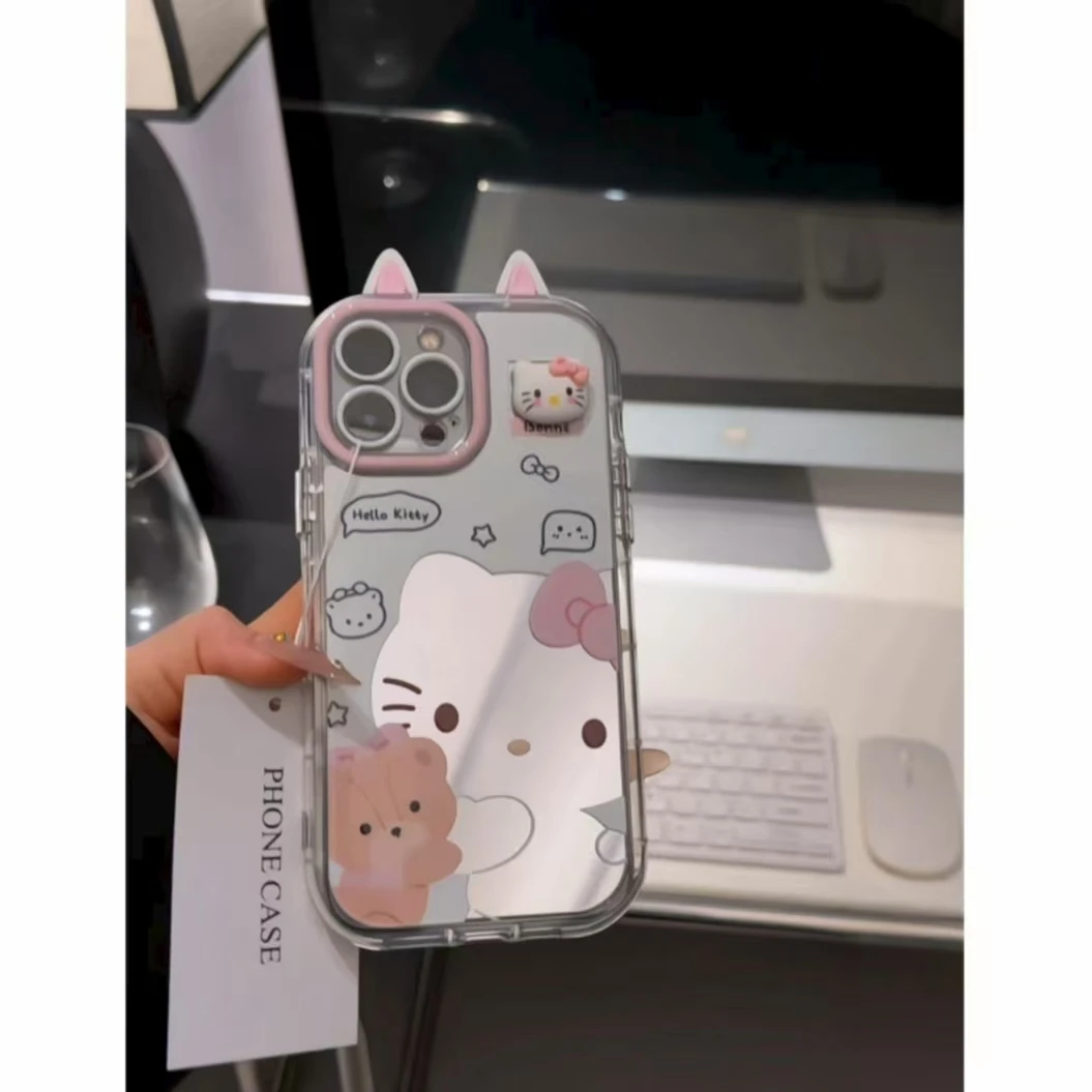 奶油镜面拥抱熊可爱猫咪手机壳适用苹果16华为p70oppo小米15vivo