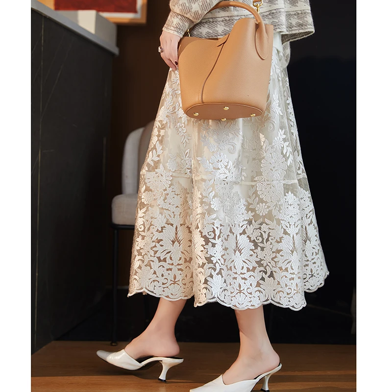 【认准正版】轻奢法式中长款蕾丝时尚气质黑色显瘦半身裙子M2378