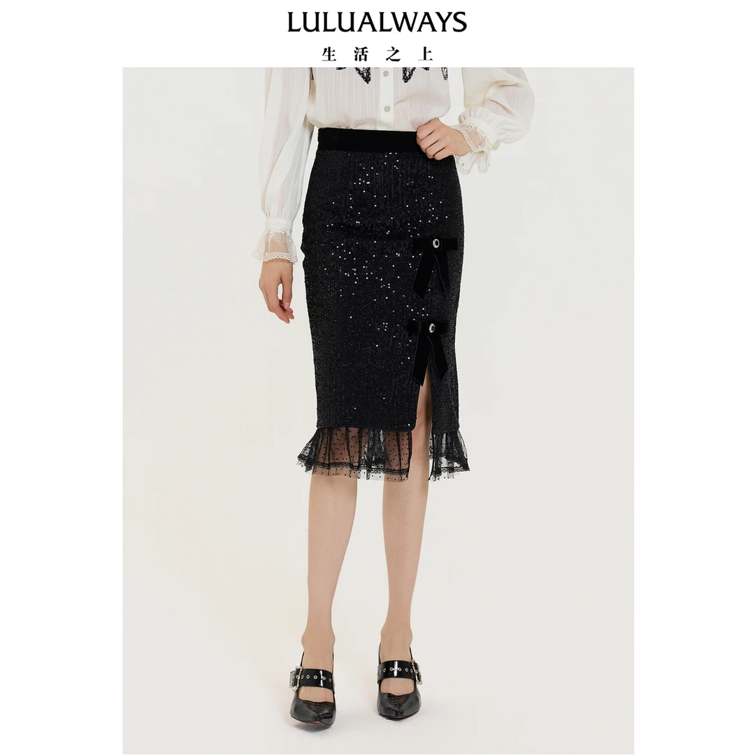 LULUALWAYS【商场同款】25秋季新款华丽风亮片蕾丝拼接长款半身裙