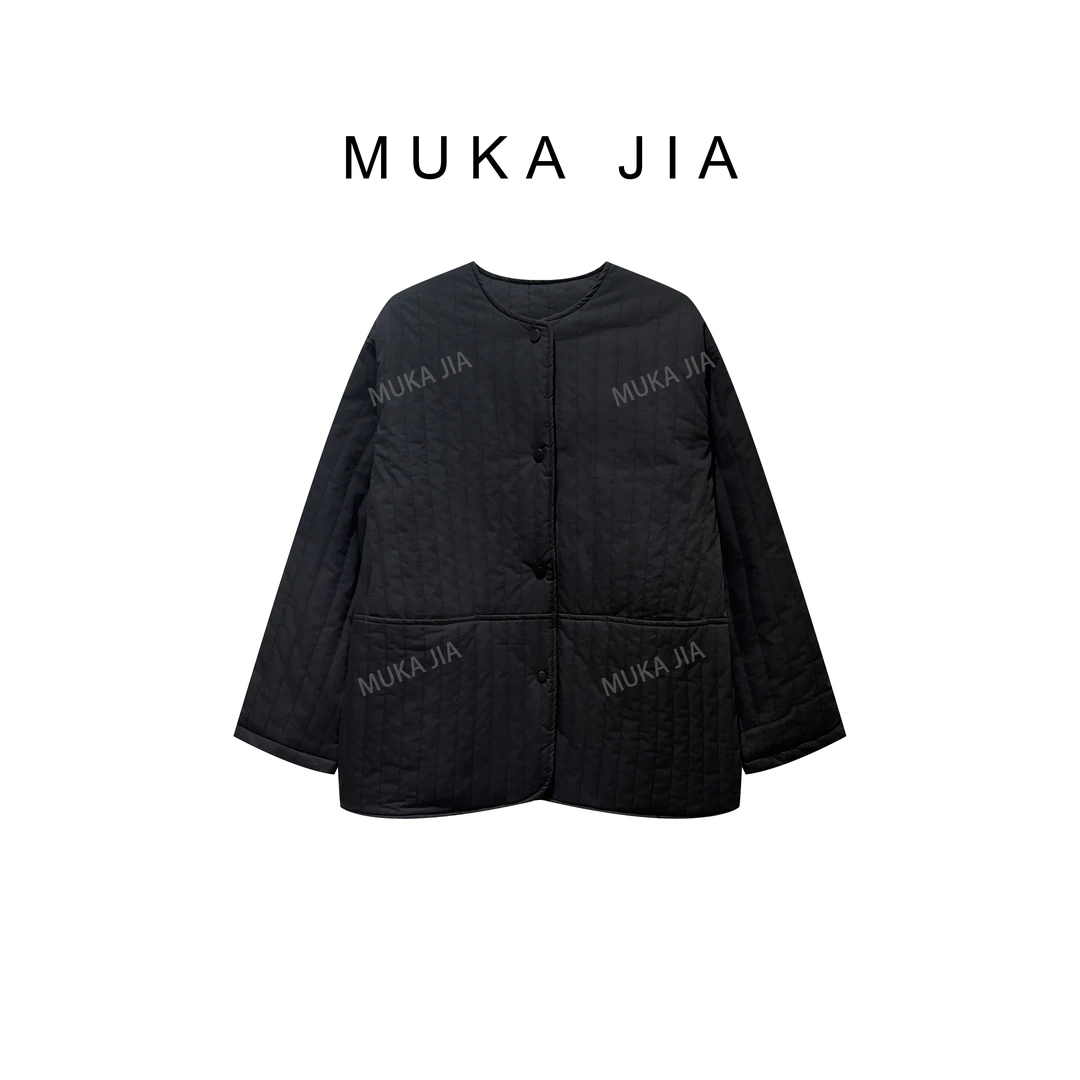 木卡家【圆领竖条夹棉外套】定制款韩系风秋冬新款简约百搭夹棉外套