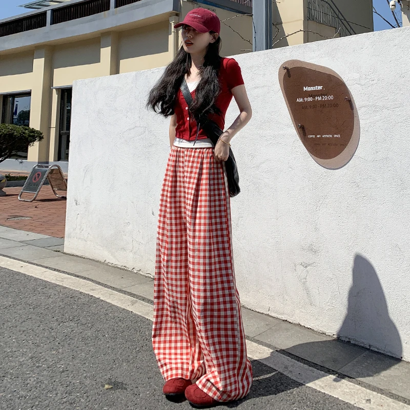 慵懒风红色格子裤夏季女高腰宽松休闲阔腿裤垂感休闲裤女夏季薄款