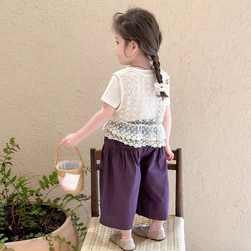 YeeHoO英氏【断码】女童夏装套装蕾丝2025新款马甲洋气宝宝短袖夏