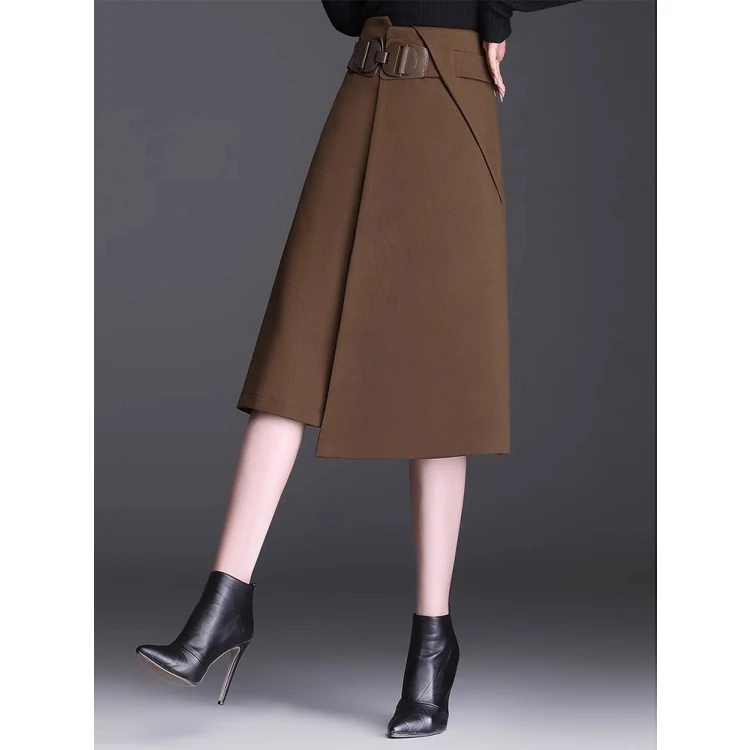 拉夏贝尔不规则咖色a字裙女秋冬季2025新款高腰中长款过膝半身裙