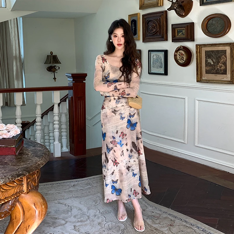 辣妹复古蝴蝶印花连衣裙抽褶收腰性感修身包臀长裙