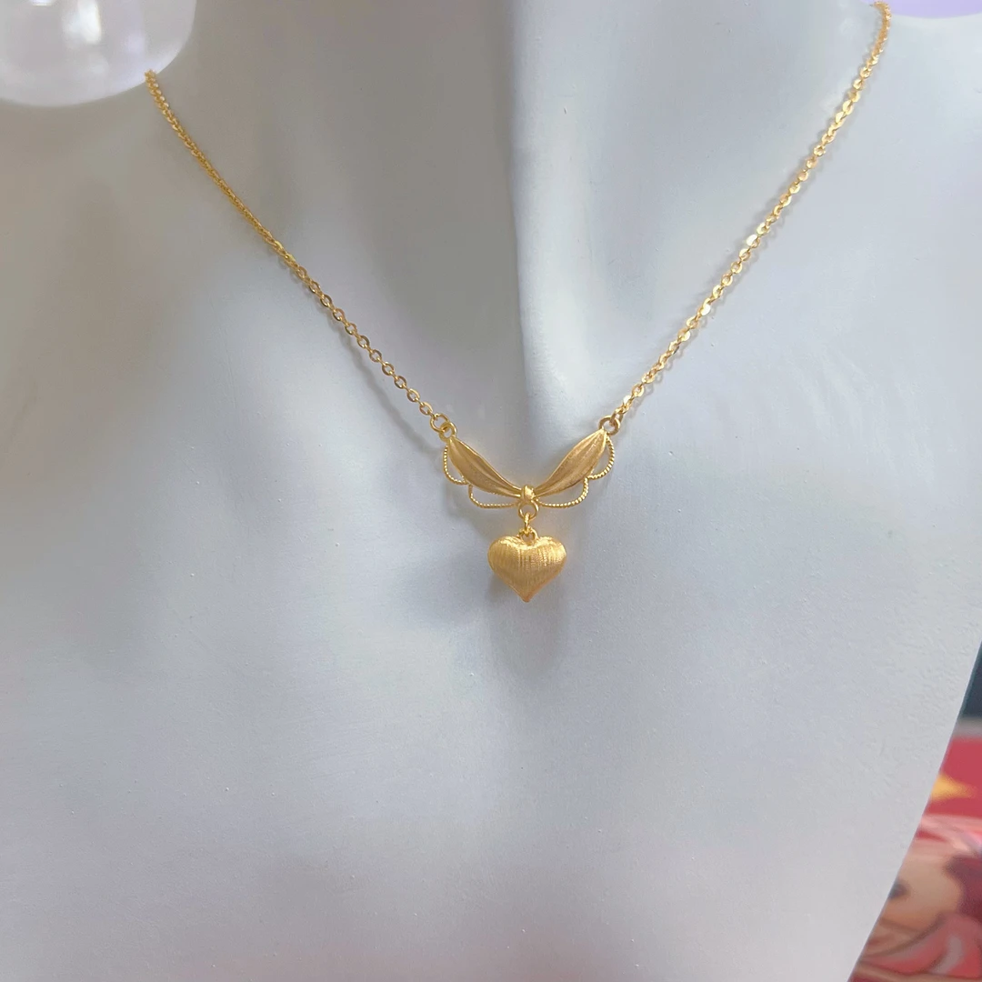 足金999蝴蝶结爱心套链拉丝蕾丝花边精致仙女时尚