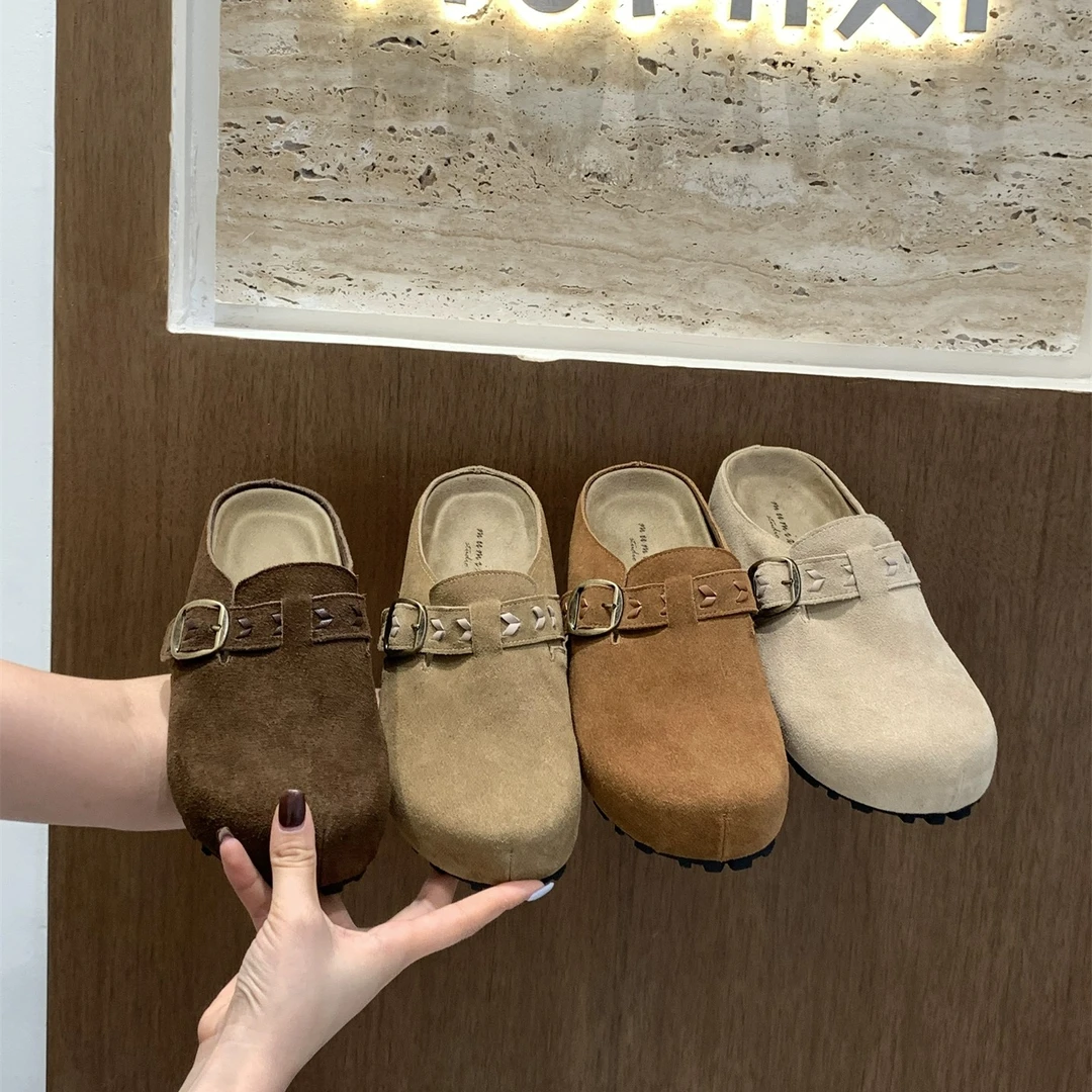 厚底牛反绒勃肯鞋包头半拖鞋女鞋子2025秋冬季休闲外穿半托博肯鞋