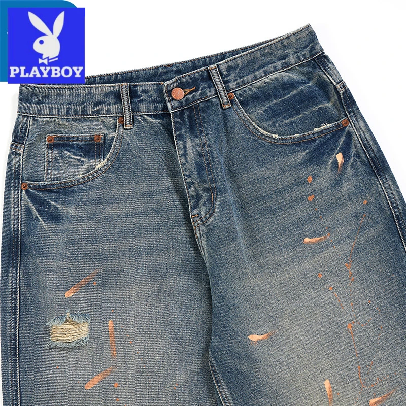 花花公子油画泼墨破洞牛仔裤直筒宽松阔腿裤子PLAYBOY休闲 男士时