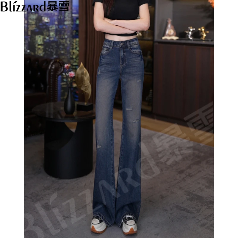 【暗香茶蓝】明星同款高腰微喇牛仔裤女显瘦2025直筒破洞喇叭裤