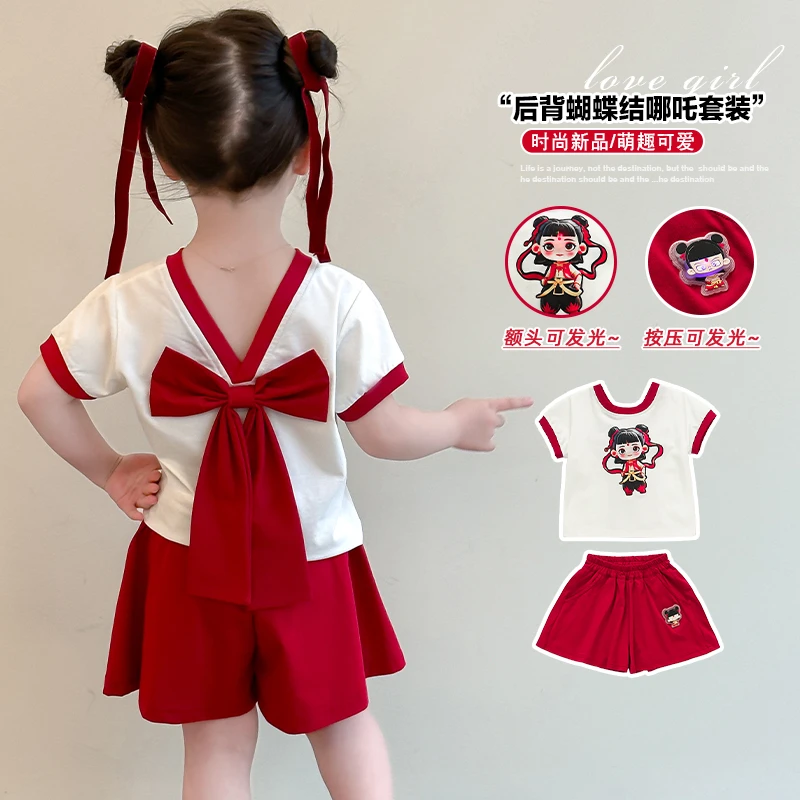 夏季女童国风哪吒纯棉短袖套装外出服轻薄透气可爱女童夏装套装