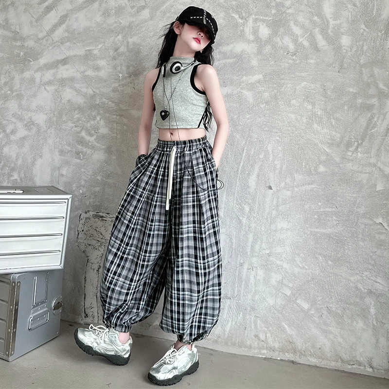 【嘻嘻柚】女童夏季2025新款露背修身背心时尚潮流格子灯笼裤两件套