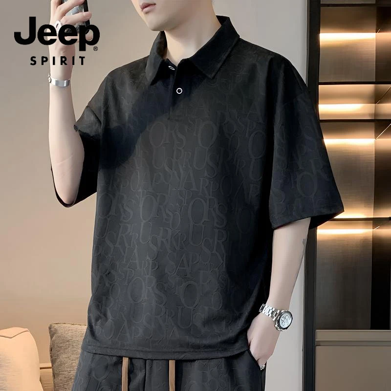 JEEP夏季新款宽松提花短袖高档时尚轻奢薄款男款男士翻领polo衫