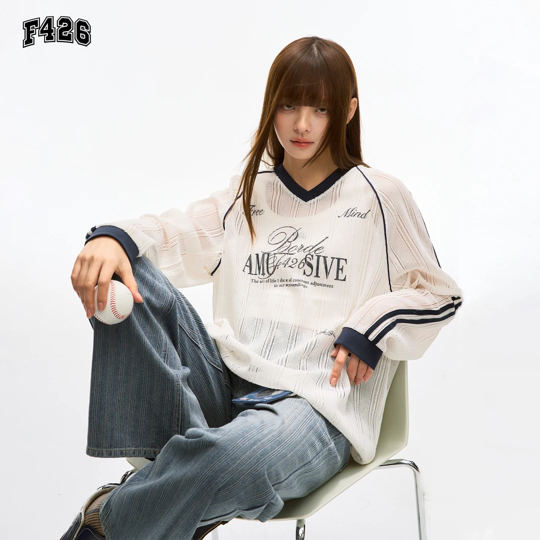 F426国潮牌夏季新款凉感休闲时尚v领撞色字母印花长袖0124罩衫XH