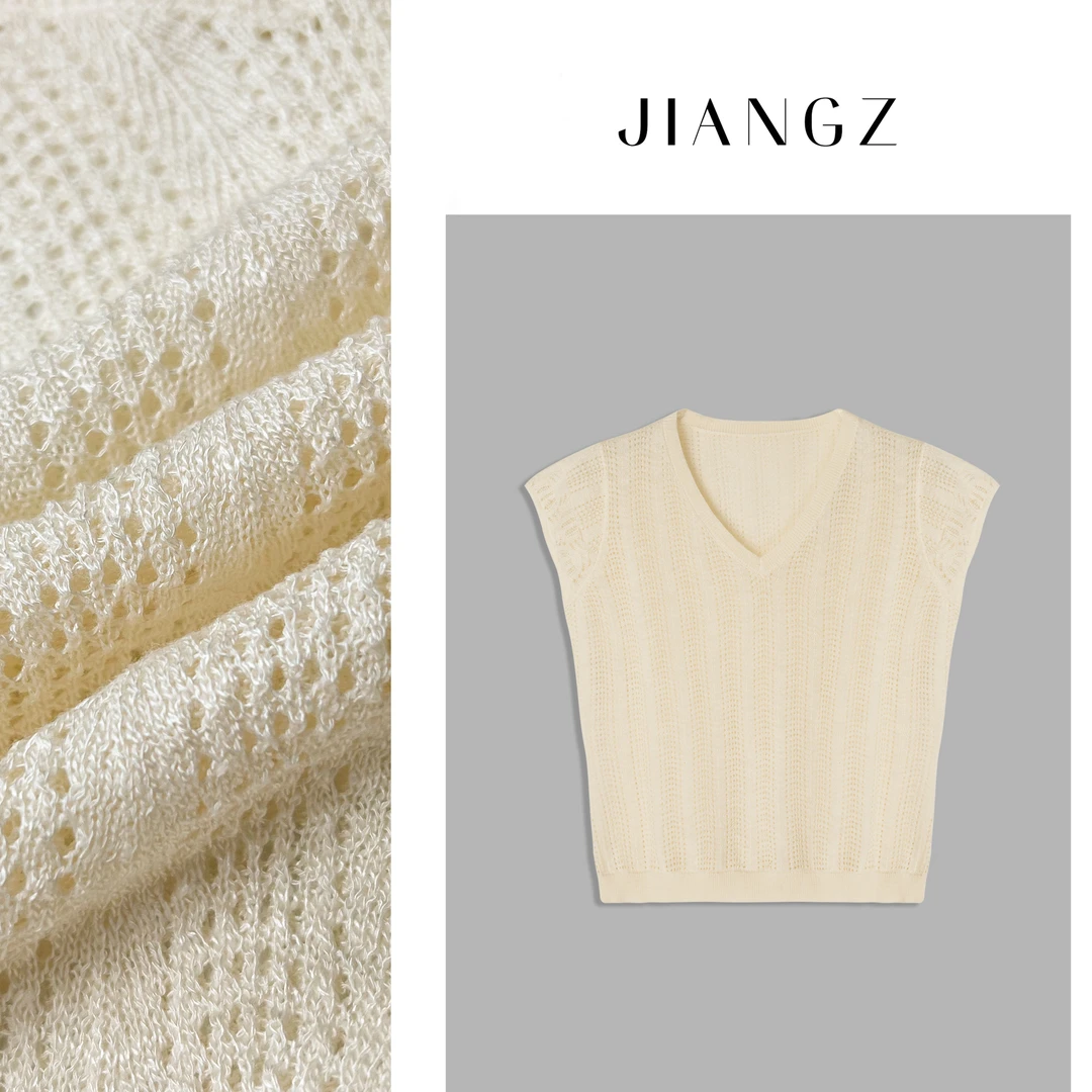 【柔光】清凉透气镂空超爽竹节麻显瘦百搭V领短袖针织上衣25MC1326