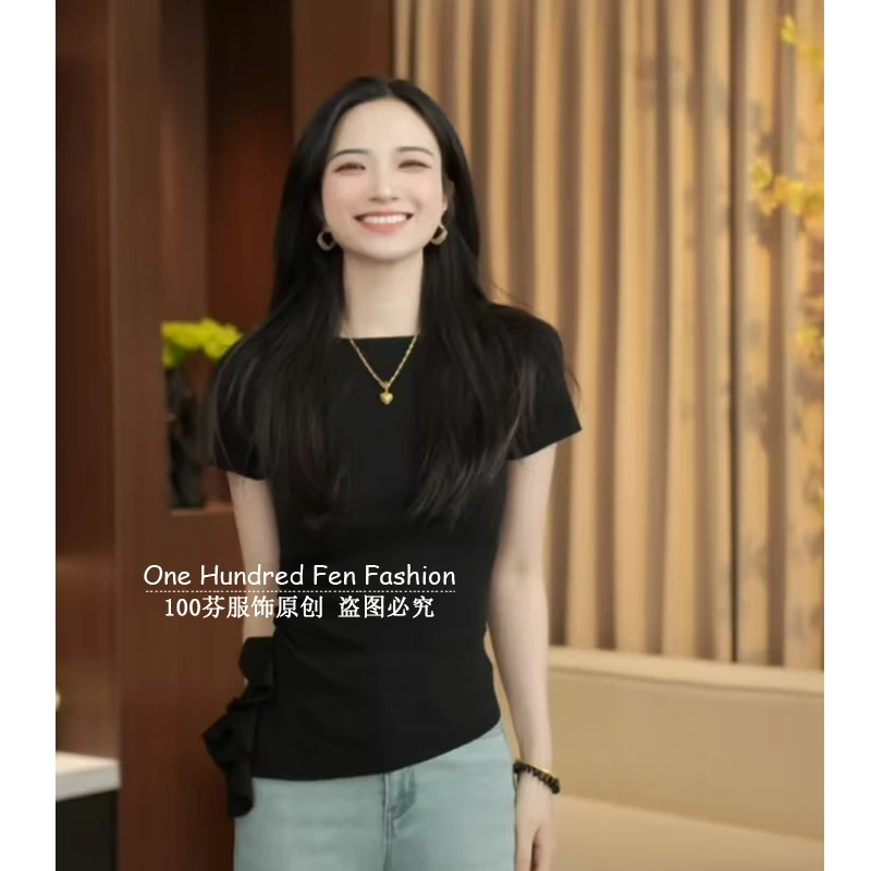 2025新款收腰显瘦设计感小众不规则下摆针织衫百搭修身短袖上衣女